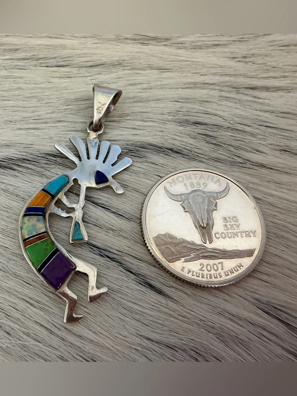 ❤️ Navajo Signed Zuni Style Kokopelli Multistone & Fiery Lab Opal 925 Pendant